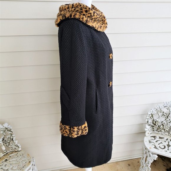 Vintage Union Made 50s/60s Black Silk Lined Wool Coat Faux Leopard collar / cuff - Picture 8 of 13